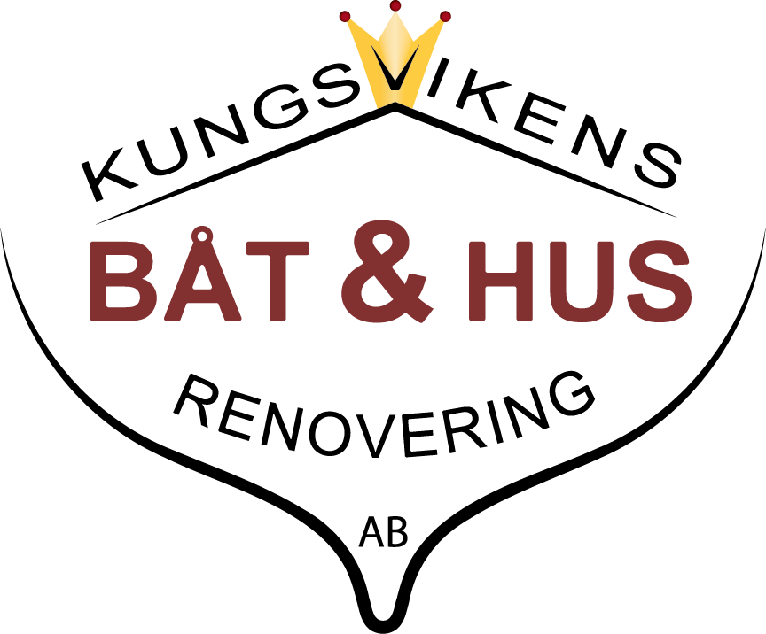 Logotyp för Kungsvikens båt och husrenovering - överst ligger ordet Kungsviken, som följer ett stiliserat sadeltak och V:et har en stiliserad kungakrona som bakgrund, resten av företagsnamnet ligger under detta och inuti konturen av en tvärskeppssektion av ett båtskrov.